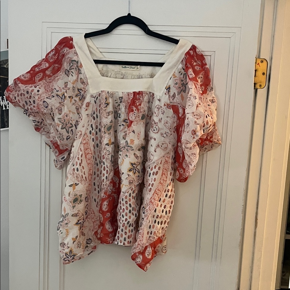 Southern Grace Cream & Red Floral Puff-Sleeve Blouse